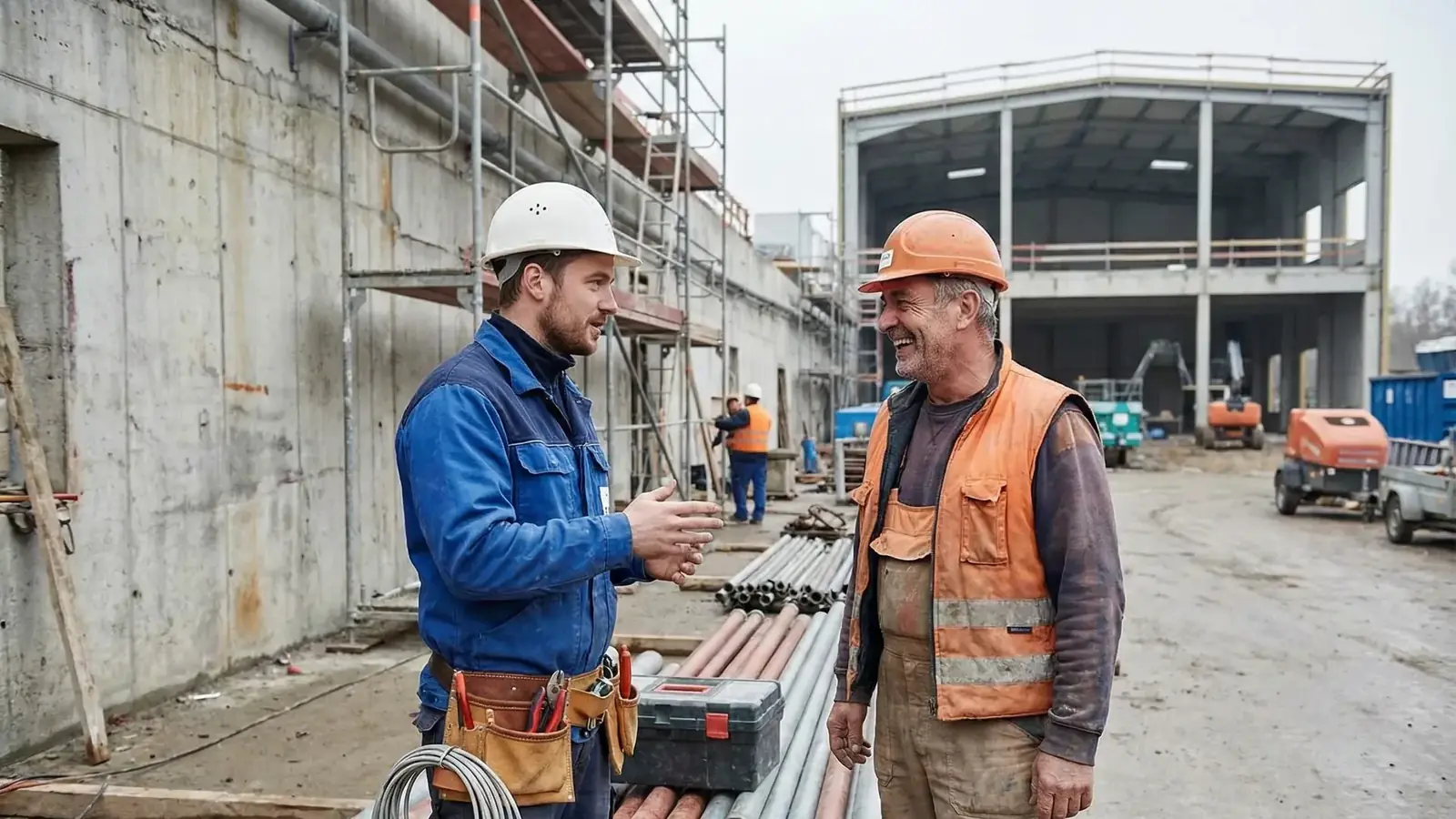 Ein Facharbeiter und ein Helfer im Gespräch auf einer Baustelle neben gestapelten Rohren