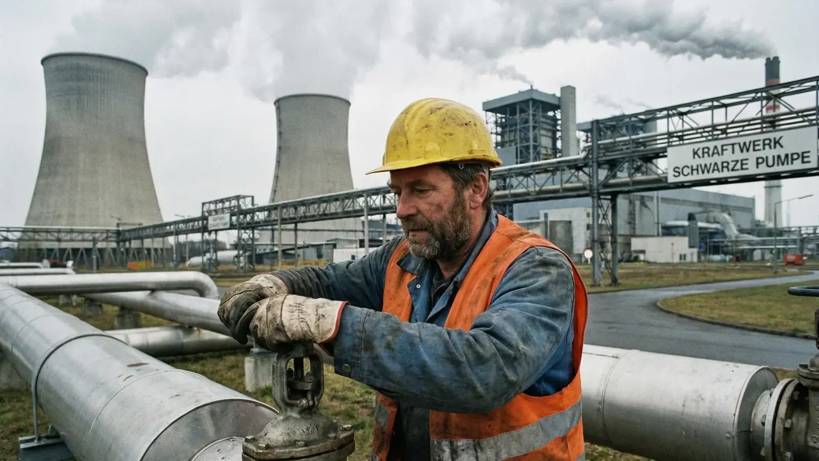 Arbeiter mit Schutzhelm an einer Rohrleitung vor einem Kraftwerk in der Lausitz