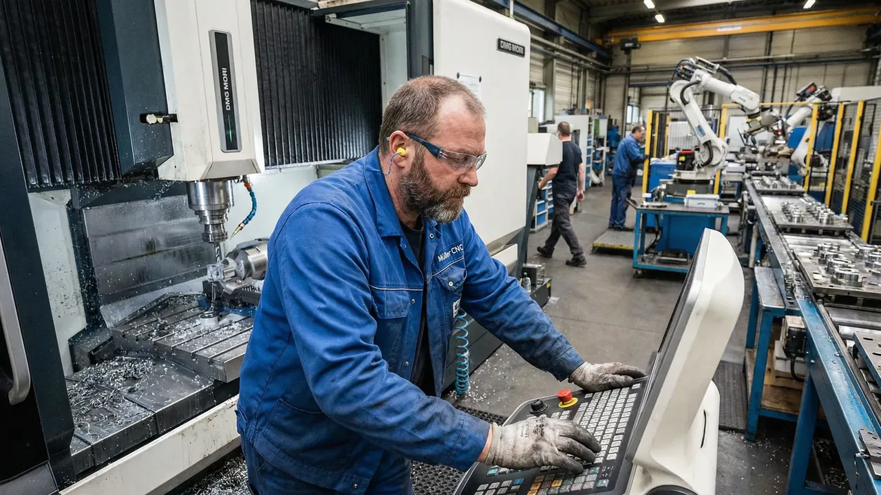 Facharbeiter an einer Maschine in einem Industriebetrieb